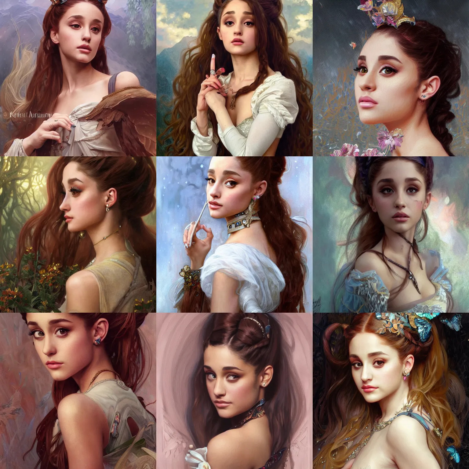Prompt: Portrait of Ariana Grande, unreal, fantasy, intricate, elegant, dramatic, highly detailed, photorealistic, digital painting, painterly, artstation, concept art, smooth, sharp focus, art by John Collier and Krenz Cushart and Artem Demura and Alphonse Mucha and Albert Aublet