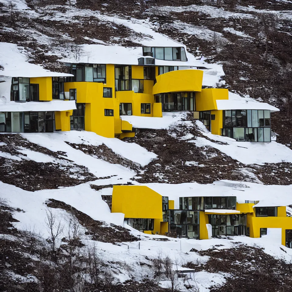 Prompt: an asphalt road leading to a mid-century modern house on top of a cliff in the arctic, covered with snow, designed by Frank Gehry. Big tiles. A car is parked in front. Film grain, cinematic, yellow hue