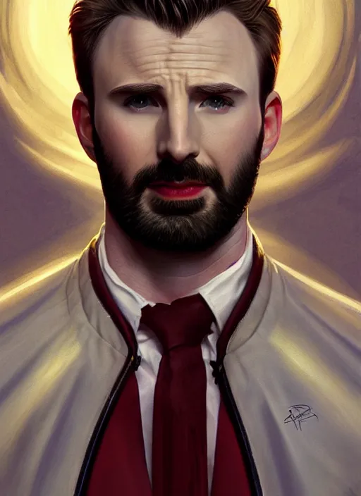 Image similar to Chris Evans as Lucifer morningstar, slight smile, highly detailed, digital painting, artstation, concept art, sharp focus, illustration, art by wlop and J. C. Leyendecker and Edmund Bliar Leighton and Charlie Bowater