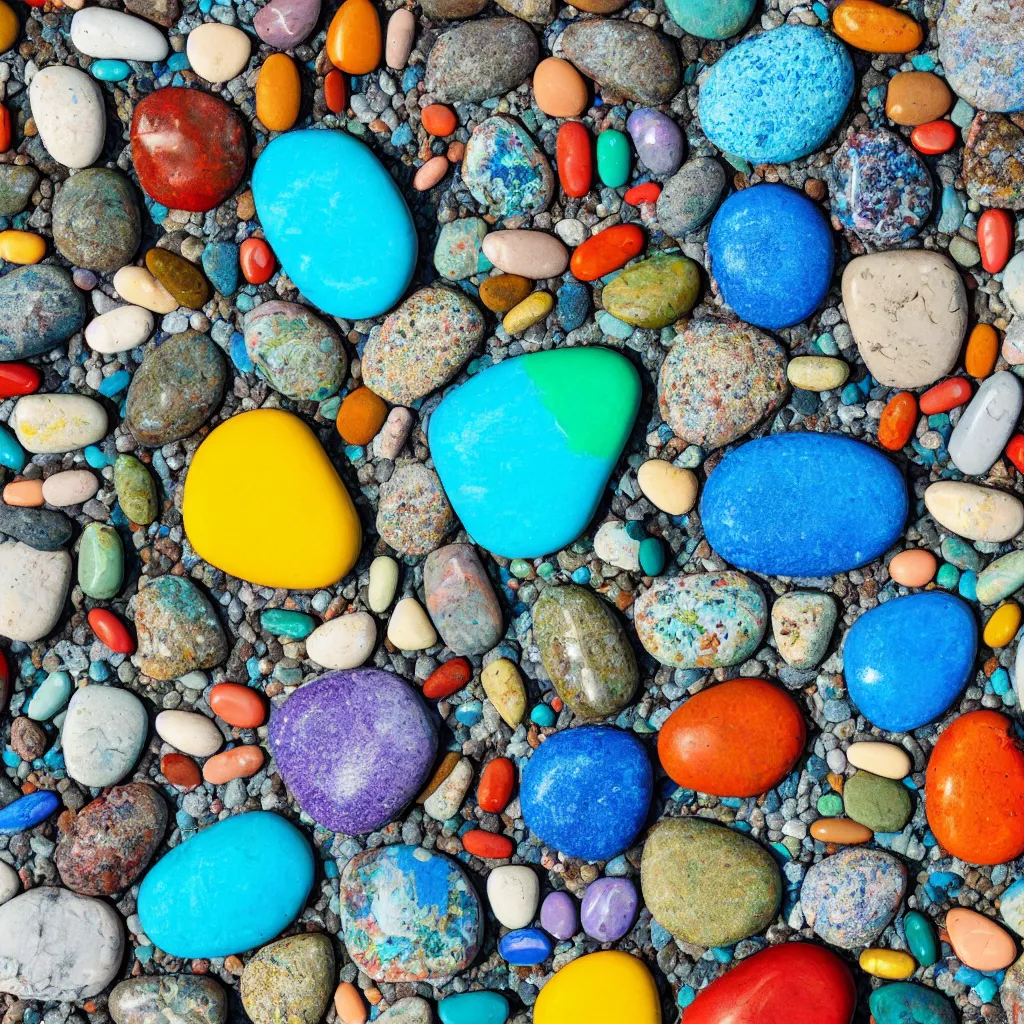 Image similar to rainbow rocks outdoor sculpture, desert with pills of bright blue water, birds eye view