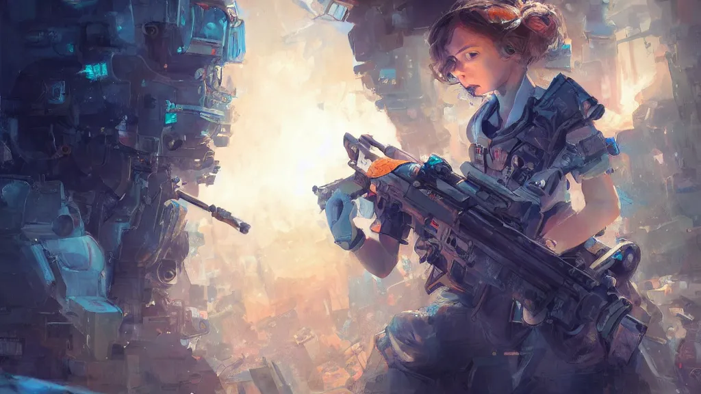 Prompt: portrait of the little girl with blue eyes is melted under machinegun fire, digital art, illustration, highly detailed, art by finnian macmanus