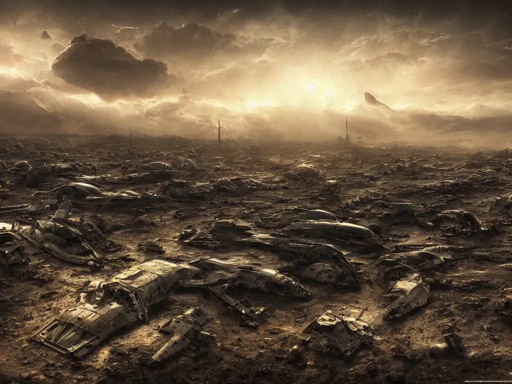 Prompt: spaceship graveyard on a barren land of rocky planet; dark atmosphere, hyperrealistic, 4K wallpaper, highly detailed, dramatic lighting, beautiful