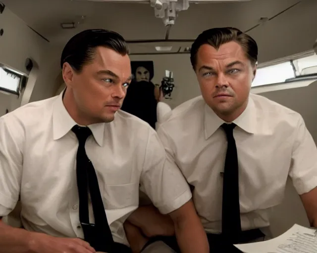 Image similar to leonardo dicaprio as the wolf of wall street next to margot robbie as naomi from the wolf of wall street in a helicopter, hyper realistic faces, beautiful eyes, cinematic, long shot, hyper detailed, 8 5 mm photograph, 8 k resolution, film still, sharp lens, wide lens