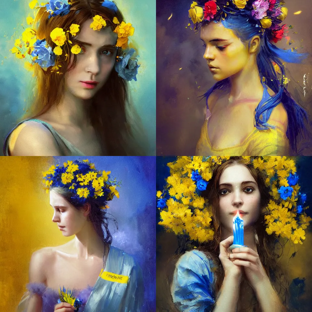 Prompt: A gorgeous young woman with flowers in her hair and blue and yellow ribbons and a candle in her hand, high detail, styled by Greg Rutkowski, expressionism painting on canvas, hard brush strokes