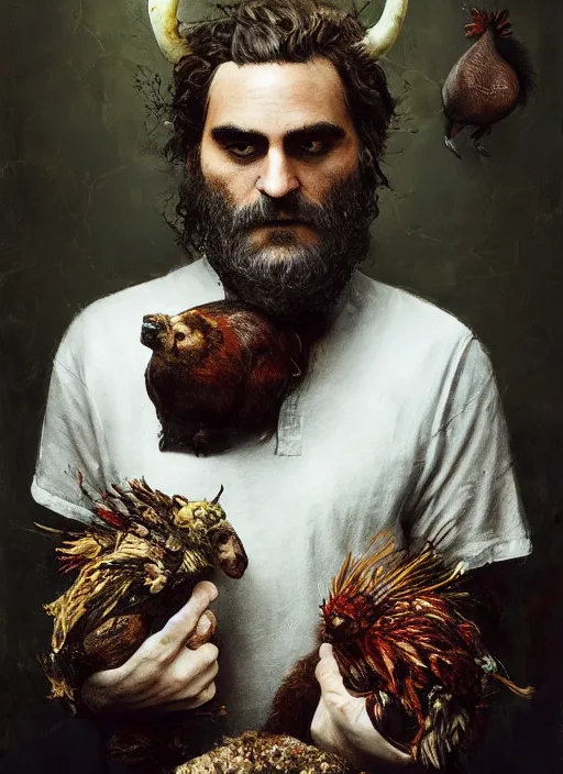 Prompt: a hyper detailed painting of joaquin phoenix surrounded by animals, cow horns, pig nose, sheep wool, chicken feather armor, horror, by anna podedworna, by miklos ligeti, by diego maricato, by taran fiddler, by antonino truisi, by chris reddie, by jinsung lim, trending on artstation