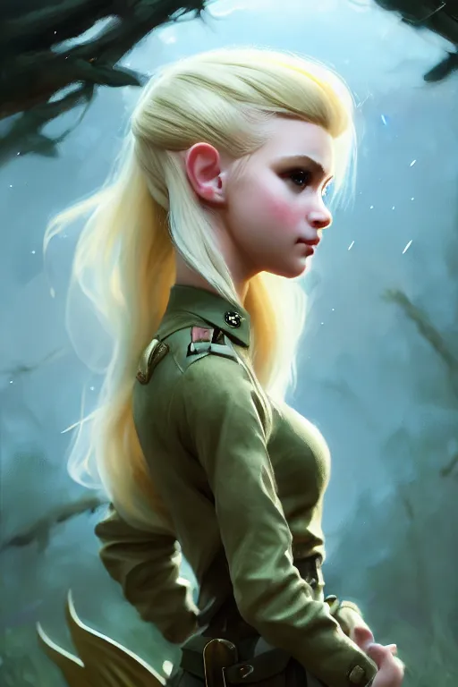 Image similar to cinematic shot of an epic portrait of a cute blonde fairy dressed in military clothes, stylised military clothes, shiny skin, beautiful eyes, beautiful, small details, night setting, realistic poster with volumetric light from craig mallism, artgerm, jeremy lipkin and michael garmash, unreal engine, radiant light, digital art, trends at art station, a masterpiece