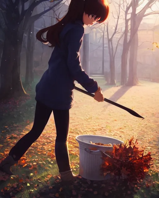 Image similar to a girl raking leaves on a cold autumn's day, full shot, atmospheric lighting, detailed face, by makoto shinkai, stanley artgerm lau, wlop, rossdraws