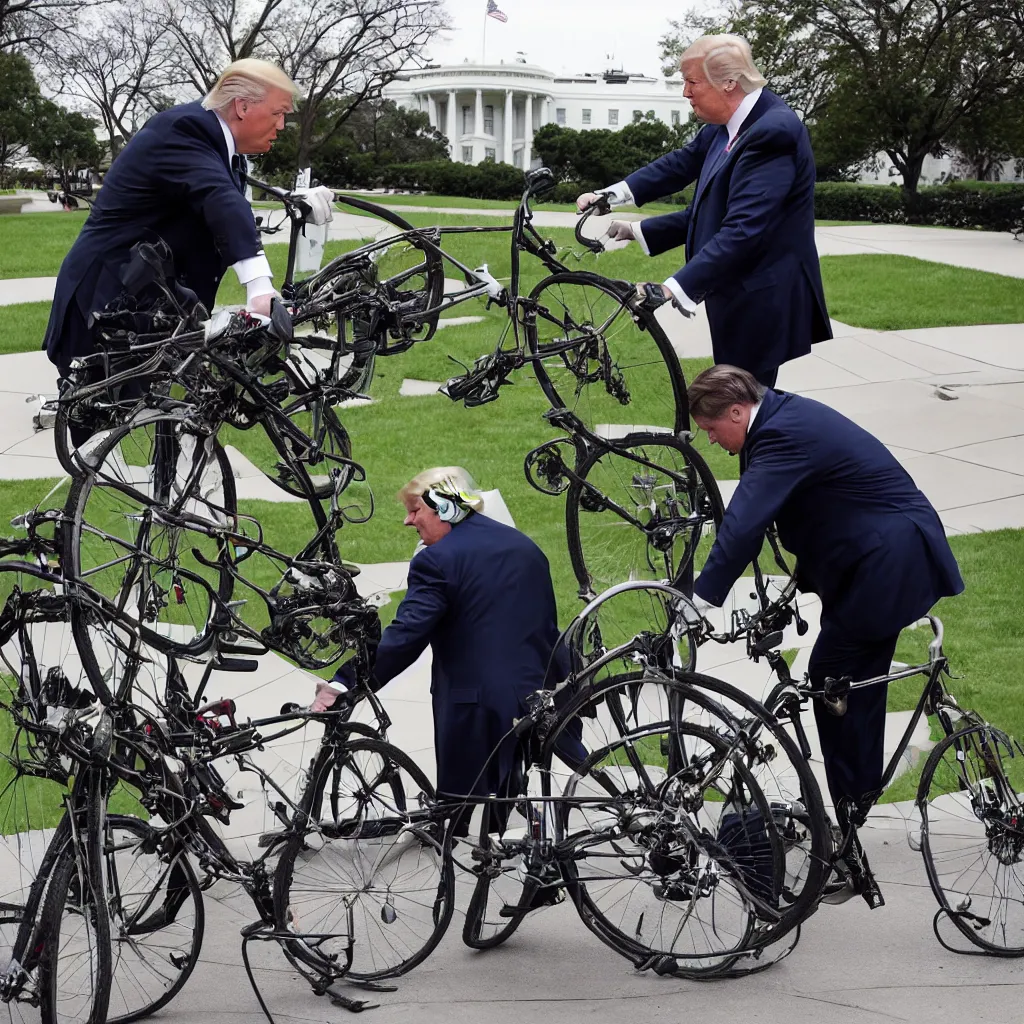 Prompt: trump repairs a bicycle outside the white house