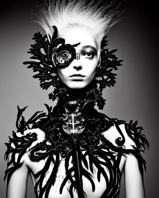 Image similar to surreal dark poetic black and white photo portrait of complex bio-mechanical beautiful young silver female vegetal-cyborg with a fur metal fine lace face, a very long neck and a fine metal floral foliage super big lace collar by Vivienne Westwood:: smoke, high fashion, haute couture, rococo, avant-garde, silver filigree details, anatomical, facial muscles, cable wires, microchip, elegant, dreamy, foggy atmosphere, hyper realistic, 150 mm lens, soft rim light, octane render, unreal engine, picture was taken in 1910 by Man Ray, volumetric lighting, dramatic light,8k,