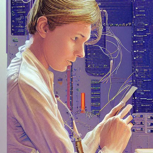 Image similar to beautiful detailed sci - fi painting of a female neuroscientist trying to understand a microprocessor and neural networks, jean giraud