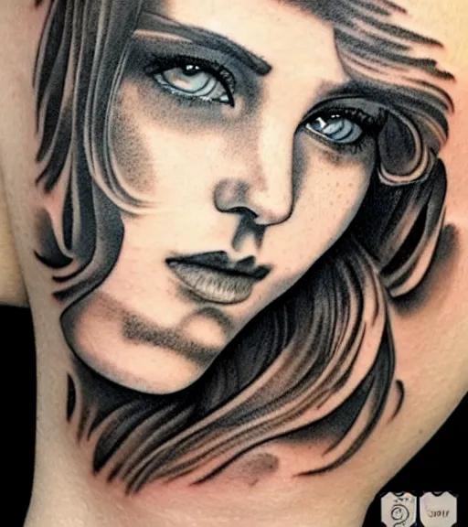 Image similar to tattoo design sketch of a beautiful blue - eyed woman face with a faded background of beautiful mountains and nature on her side, hyper - realistic, in the style of den yakovlev, amazing detail, black and white