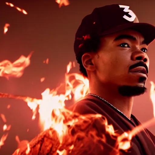 Image similar to cinematic film still of Chance The Rapper starring as a Samurai holding fire, Japanese CGI, VFX, 2022, 40mm lens, shallow depth of field, film photography