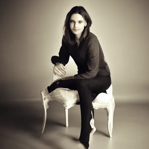 Image similar to Nataly Portman sitting on a chair while posing for a photo, award winning photography, HDR, studio light , dynamic pose, medium close shot