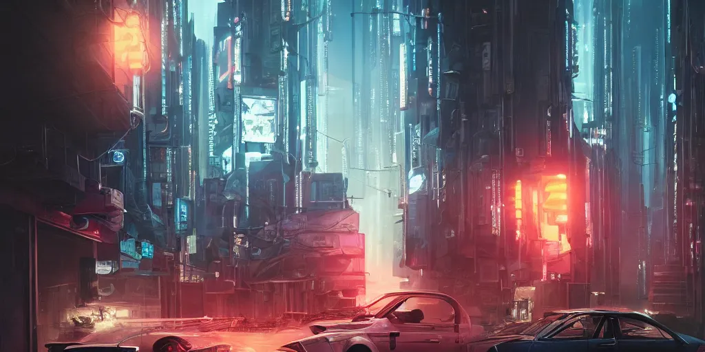 Image similar to a man standing next to a car on a city street, cyberpunk art by Vincent Lefevre, cgsociety, retrofuturism, matte painting, reimagined by industrial light and magic