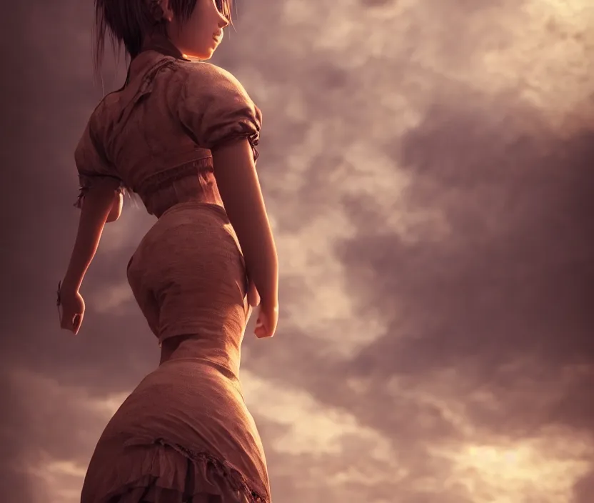 Image similar to a beautiful Cotton Mill Girl, symmetrical, centered, dramatic angle, ornate, details, smooth, sharp focus, illustration, realistic, cinematic, artstation, award winning, rgb , unreal engine, octane render, cinematic light, macro, depth of field, blur, red light and clouds from the back, highly detailed epic cinematic concept art CG render made in Maya, Blender and Photoshop, octane render, excellent composition, dynamic dramatic cinematic lighting, aesthetic, very inspirational, arthouse by Henri Cartier Bresson