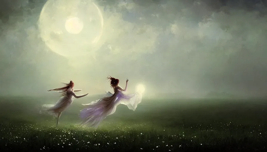 Prompt: dancers in white lit only by the moon, dancing across a flower meadow the twilight dance of the fae by aleksi briclot, greg rutkowski and ivan aivazovsky, contemporary dancers dancing artistic photography movement photorealistic volumetric cinematic light, award - winning, atmospheric fantasy sky