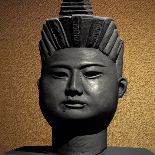 Prompt: headshot kim jong ill as an ancient aztec statue