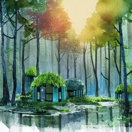 Prompt: beautiful happy picturesque charming organic sci - fi town with pod homes integrated in a forest area. water and trees. beautiful light. soft colour scheme. beautiful artistic detailed watercolor by lurid. ( 2 0 2 2 )