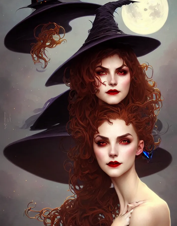 Image similar to halloween witch woman in a hat smiles, fantasy magic, undercut hairstyle, dark light night, intricate, elegant, sharp focus, illustration, highly detailed, digital painting, concept art, matte, art by wlop and artgerm and greg rutkowski and alphonse mucha, masterpiece