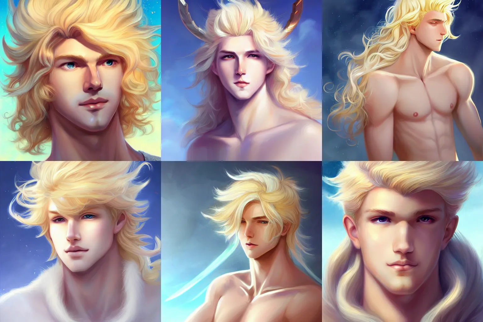 Prompt: the beautiful androgynous young blond male sun god apollo, very very long fluffy curly!!!!!!!!!!!!!!! blond hair, pale white skin, 1 5 0 4, by sakimichan and rossdraws, 4 k digital painting, artstation cgsociety