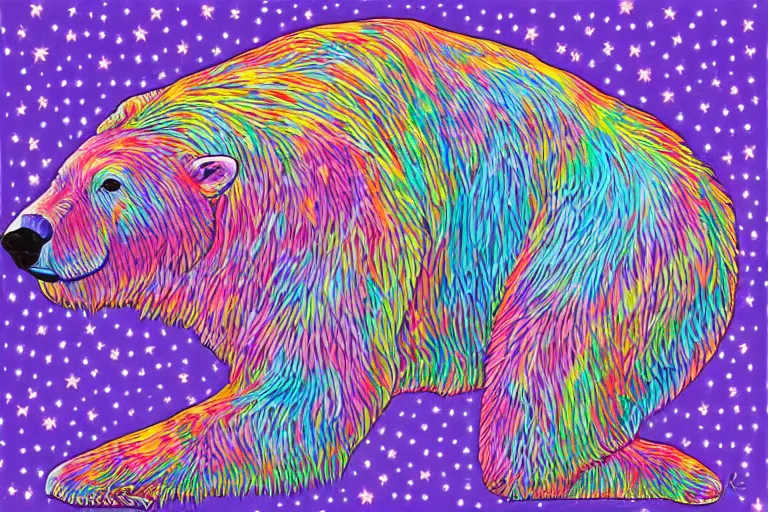 Image similar to a relaxed polar bear looking to the sky by lisa frank, alex grey, flooko, acrylic, digital art, painting,