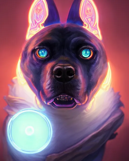 Prompt: one singular portrait of a cute bioluminescent dog-man with large glowing eyes, highly detailed, digital painting, cinematic, hyper realism, dark retrowave, art by Stanley Lau and Artgerm and magali villeneuve and Alphonse Mucha, artstation, octane render, cgsociety