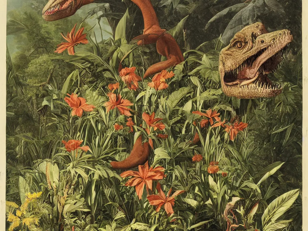 Image similar to tyrannosaurus rex, tropical plants in background, botanical, large exotic flowers, biology, painted by john audubon