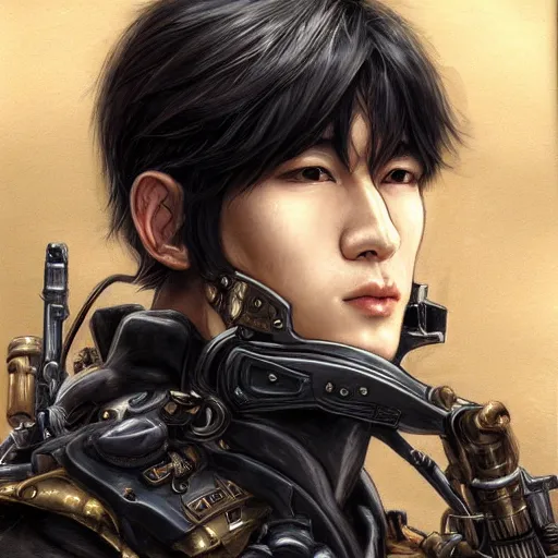 Image similar to portrait of a man by ayami kojima, japanese, he is about 2 0 years old, black short hair with bangs, he is wearing a steampunk tactical gear, highly detailed portrait, digital painting, artstation, concept art, smooth, sharp foccus ilustration, artstation hq