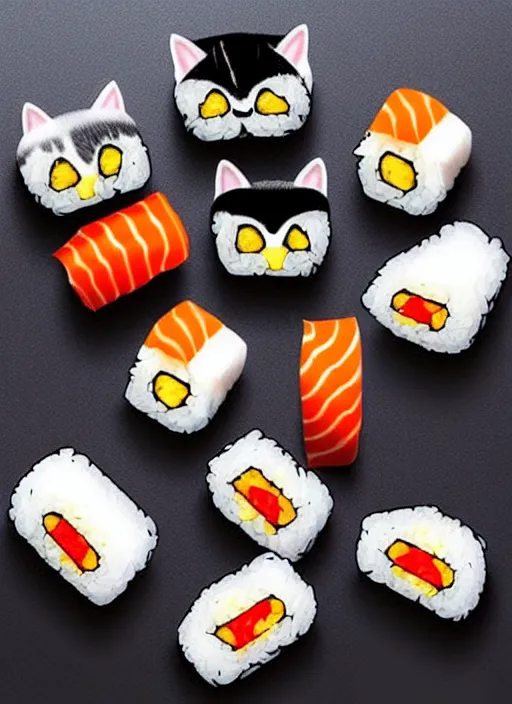 Image similar to clear photorealistic picture of adorable cats made out of sushi