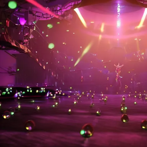 Image similar to promotional movie still wide - angle 3 0 m distance. fuzzy pearlescent robots ( ( cat ) ) 1 million into the future ( 1 0 0 2 0 2 2 ad ) like disco music, disco balls, dance - off contests. very dramatic atmospheric volumetric lighting, octane 3 d render, ue 5, imax, saturday night fever ( film )