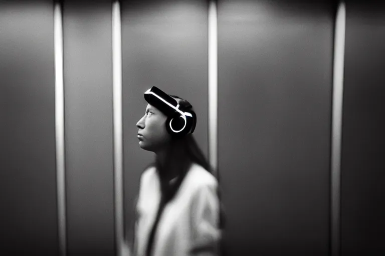 Image similar to girl wearing futuristic augmented reality headset in a subway, richard avedon, tri - x pan, ominous lighting