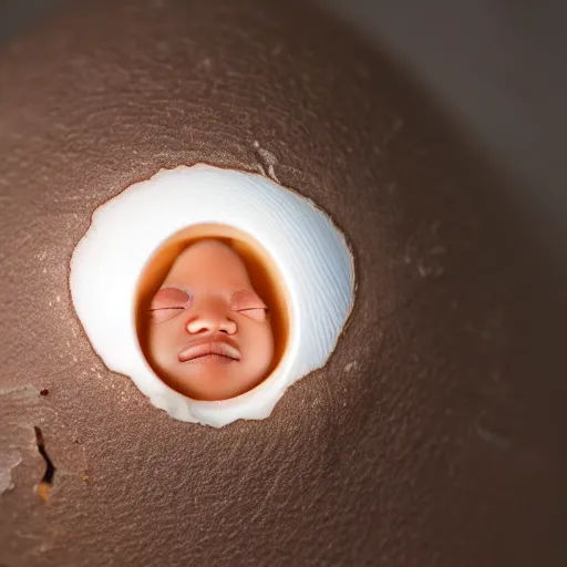 Prompt: macro photography extreme closeup of baby justin sun face hatching from cracked eggshell