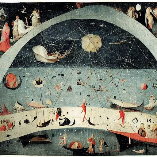 Image similar to The performance art shows a group of flying islands, each with its own unique landscape, floating in the night sky. The islands are connected by a network of bridges, and a small group of people can be seen walking along one of the bridges. Mediterranean by Hieronymous Bosch straight