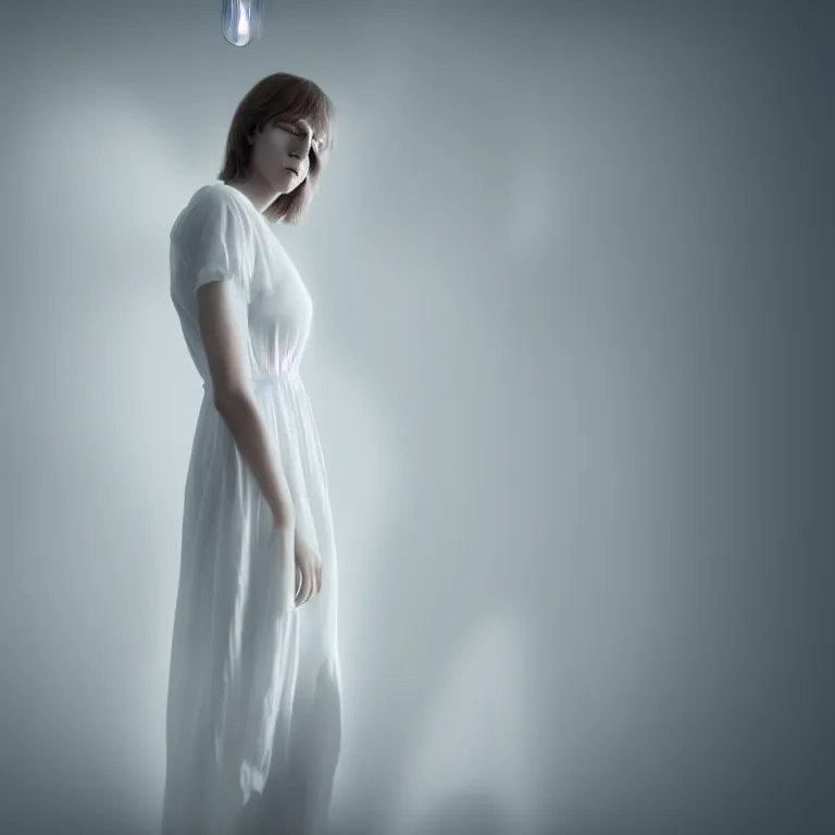 Prompt: a wonderful realistic portrait of a lonely woman who is dressed with a wonderful, majestic, large semi transparent white cotton dress, accent white lighting, dramatic light, octane render