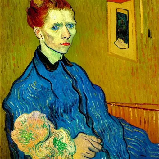 Prompt: a vivid portrait by van Gogh, she is holding a smartphone, oil on canvas, trending on artstation