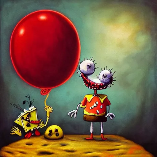 Prompt: grunge painting of spongebob with a wide smile and a red balloon by chris leib, loony toons style, pennywise style, corpse bride style, horror theme, detailed, elegant, intricate, Atmospheric phenomenon, conceptual, volumetric light