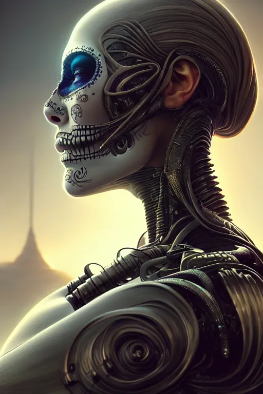 Prompt: ultra detailed side portrait of female android, sharp focus, sci - fi, fantasy art, digital illustration, dia de los muertos. octane render, unreal engine, global illumination, intricate detailed. concept art. art by artgerm and wlop and giger and greg rutkowski and rossdraws and alphonse mucha, 8 k