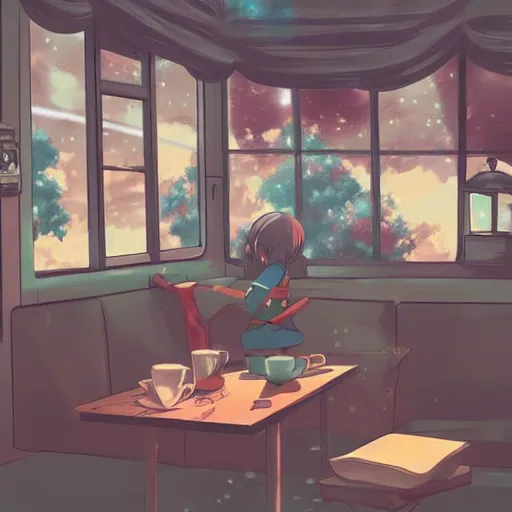 Prompt: coffee on a table, rainy day, anime, ghibli, 9 0 s, retro style, aesthetic, chill, room