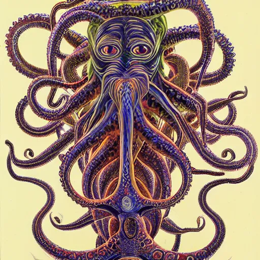 Image similar to strange bestiary of repressed unconscious cephalopod chimeras by Alex grey