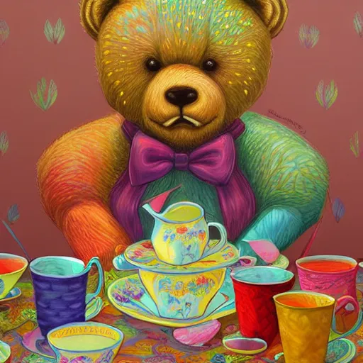 Image similar to Teddy Bear Tea Party By Casey Weldon and Martine Johana, rich colors, vivid colors, intricate, elegant, highly detailed, centered, digital painting, artstation, concept art, smooth, sharp focus, HDR, illustration