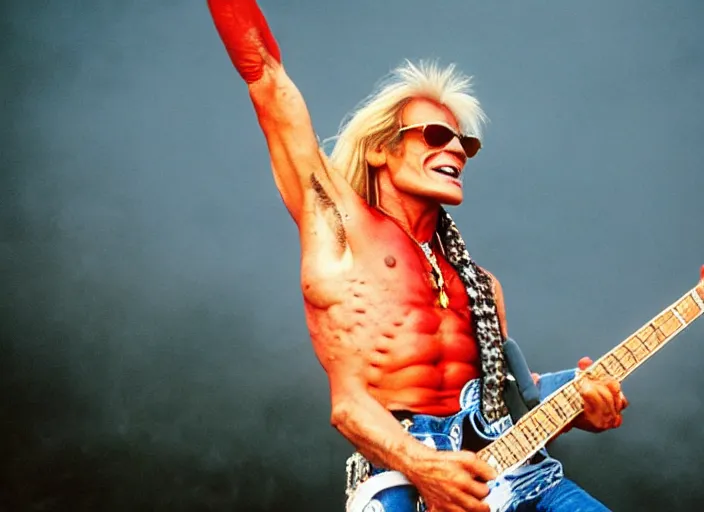 Image similar to photo still of david lee roth at the woodstock 9 9!!!!!!!! at age 3 6 years old 3 6 years of age!!!!!!!! on stage in spandex, 8 k, 8 5 mm f 1. 8, studio lighting, rim light, right side key light