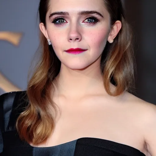 Image similar to a woman who is a genetic combination of elizabeth olsen and emma watson face and upper - body focus