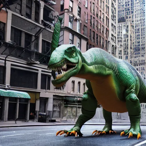 Prompt: a dinosaur lost in manhattan