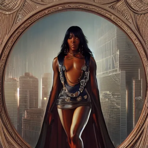 Prompt: full figure ultra realistic illustration, naomi campbell as the broker, intricate, elegant, highly detailed, digital painting, artstation, concept art, smooth, sharp focus, illustration, art by artgerm and greg rutkowski and alphonse mucha