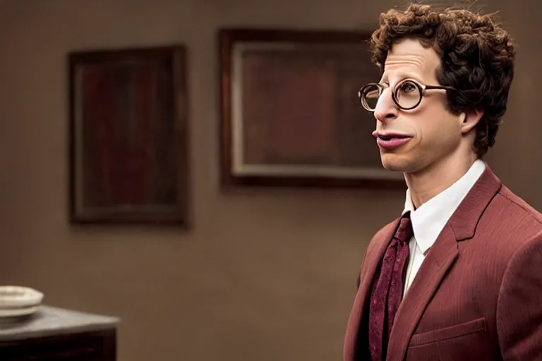 Image similar to a cinematic still of ((andy samberg)) astonished, masterpiece