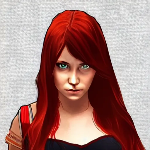 Image similar to gta 5 game style red hair girl with long hair as the protagonist in the game