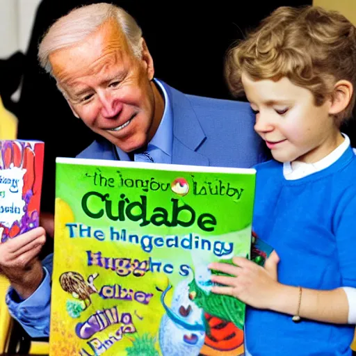 Image similar to joe biden struggling to read the hungry caterpillar children ’ s book