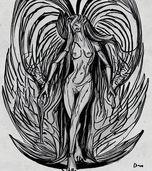 Image similar to godess of the night nyx in her primordial form in a shadwy position drawn in a cartoon style, high quality, mystical