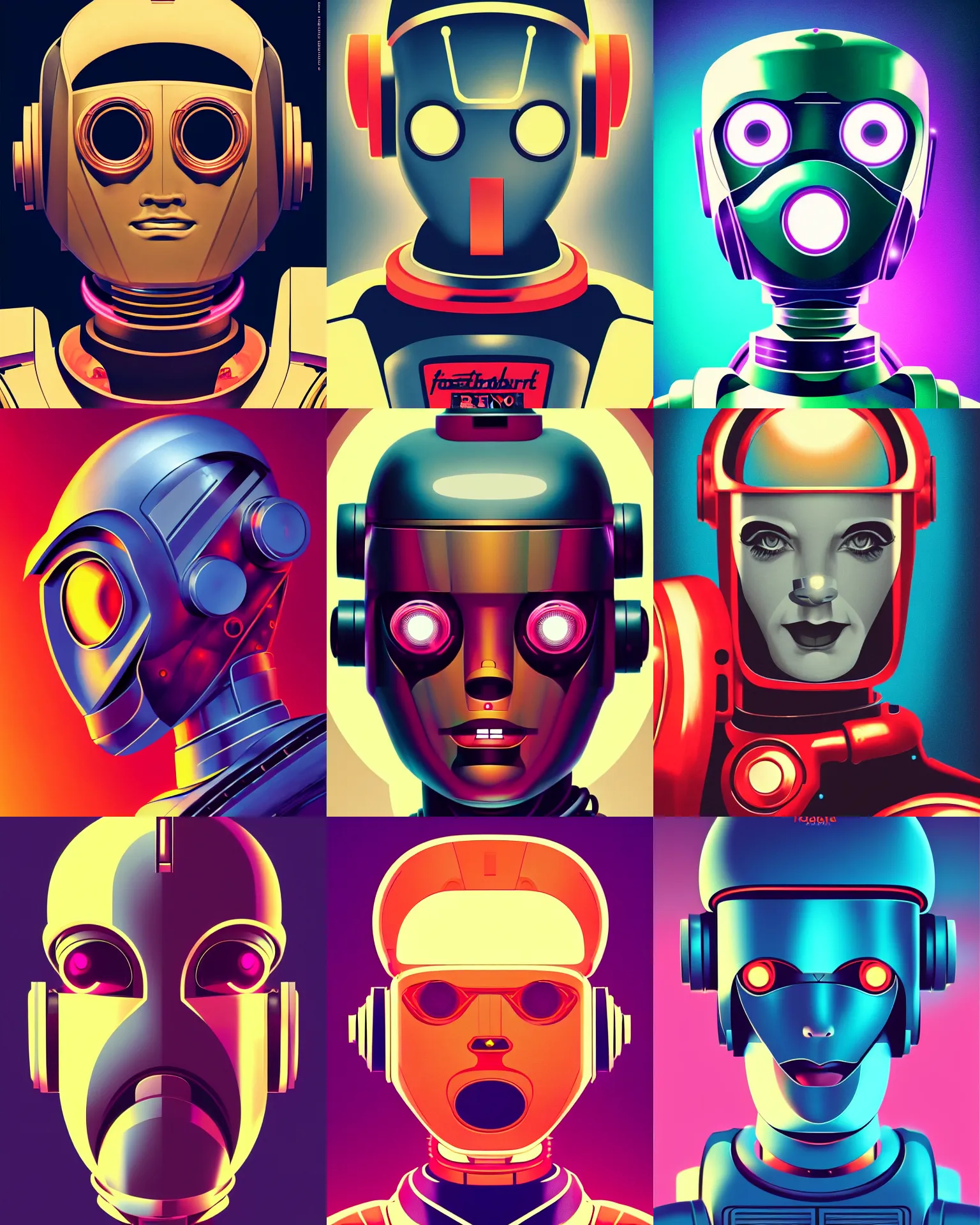 Prompt: robbie the robot from forbidden planet, retro futurism, half portrait by stanley artgerm, dramatic lighting, ilya kuvshinov, trending on artstation, flat colour, geometric curves, gradient filter, pleasing tone colours, art deco patterns