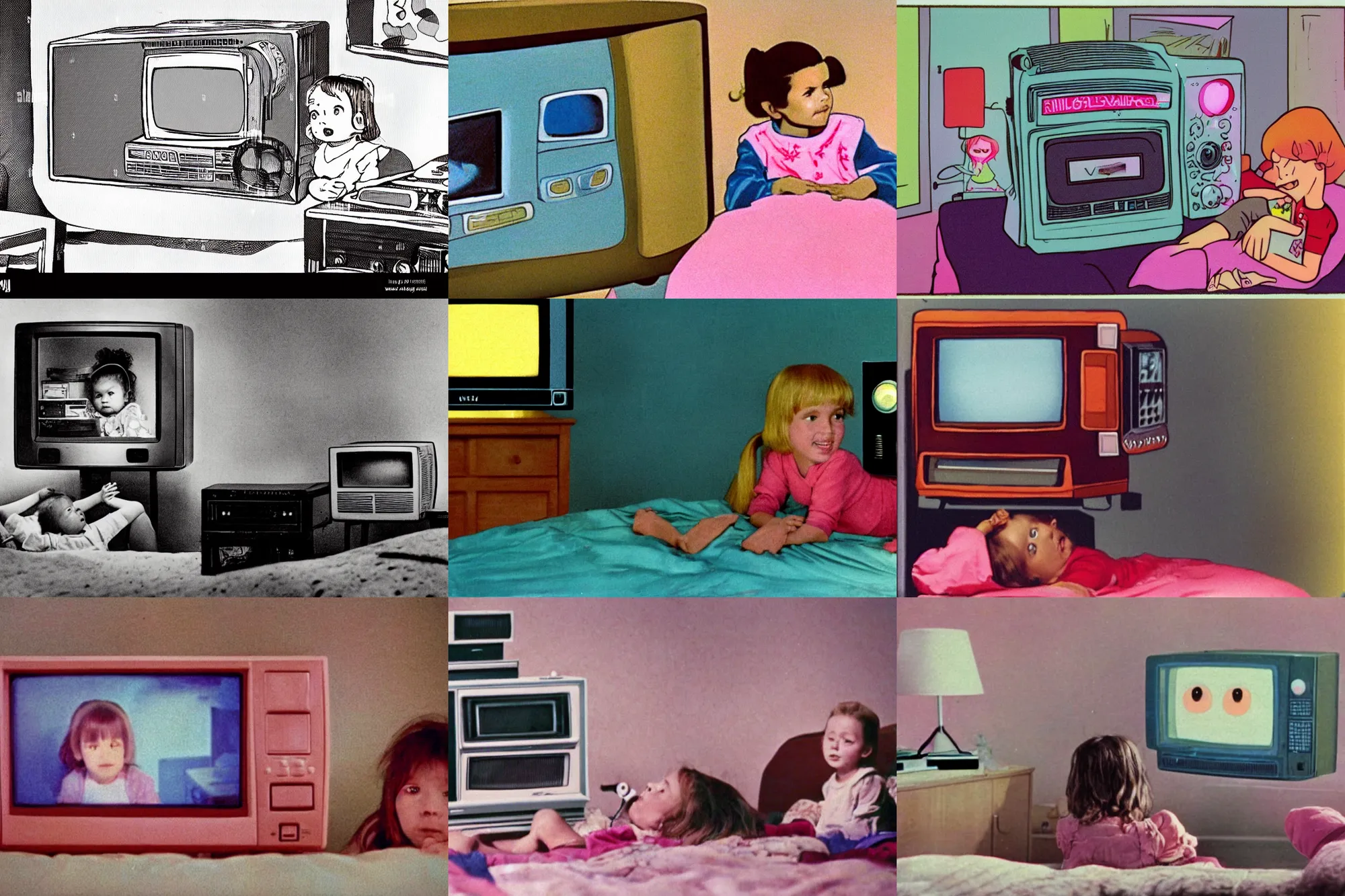 Prompt: Home video footage. A little girl is watching TV in her room at night. The girl is on her bed. The cathode-ray tube TV is broadcasting a cartoon. Color VHS picture quality with mixed noise.